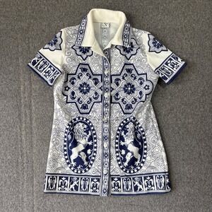 Vintage 60s 70s Blue Heraldic Lion Print Button Up Knit Top Short Sleeve Large